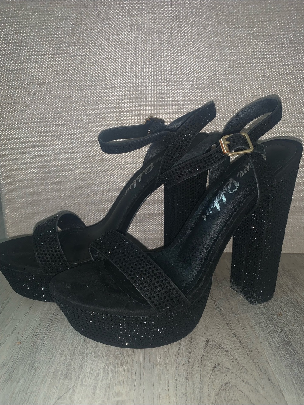 Black Platform Block Heel Sandals with Ankle Strap, worn once on stage